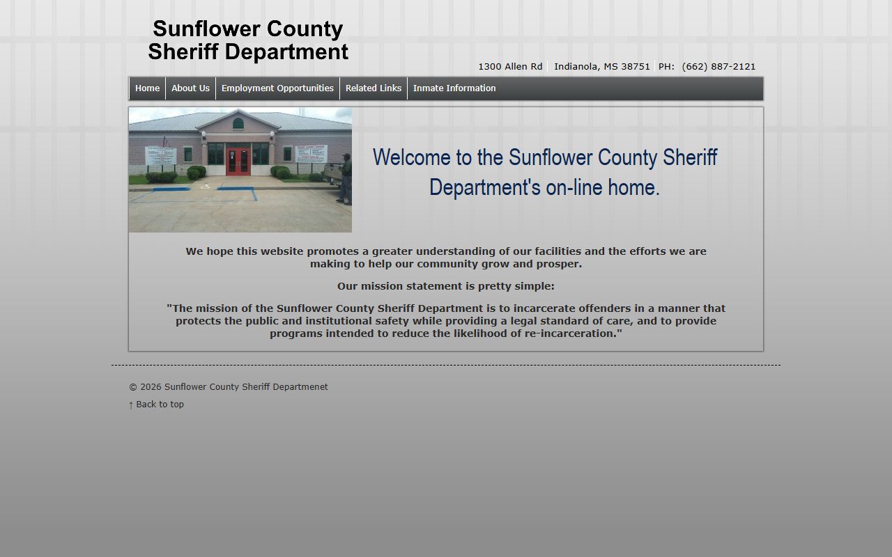 Sunflower County Sheriff homepage linking arrest and booking records