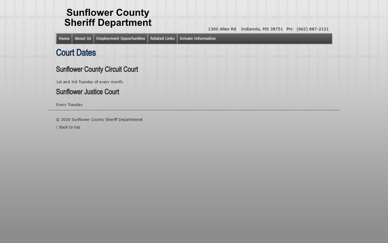Sunflower County Sheriff court-dates page listing Circuit Court and Justice Court date patterns