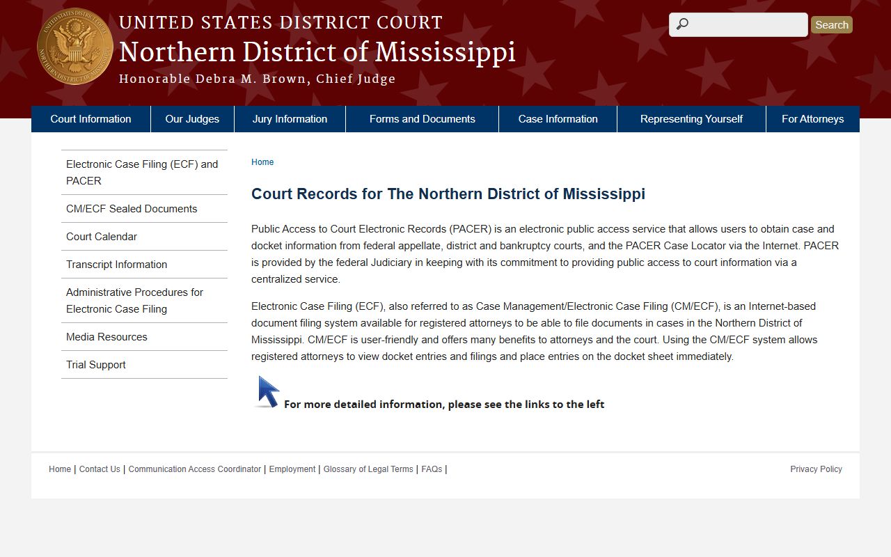 Sunflower County federal court records case-information page for the Northern District of Mississippi