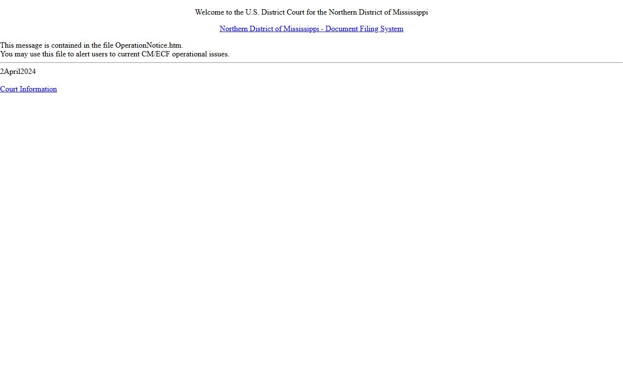 Sunflower County federal court records CM/ECF login for the Northern District of Mississippi
