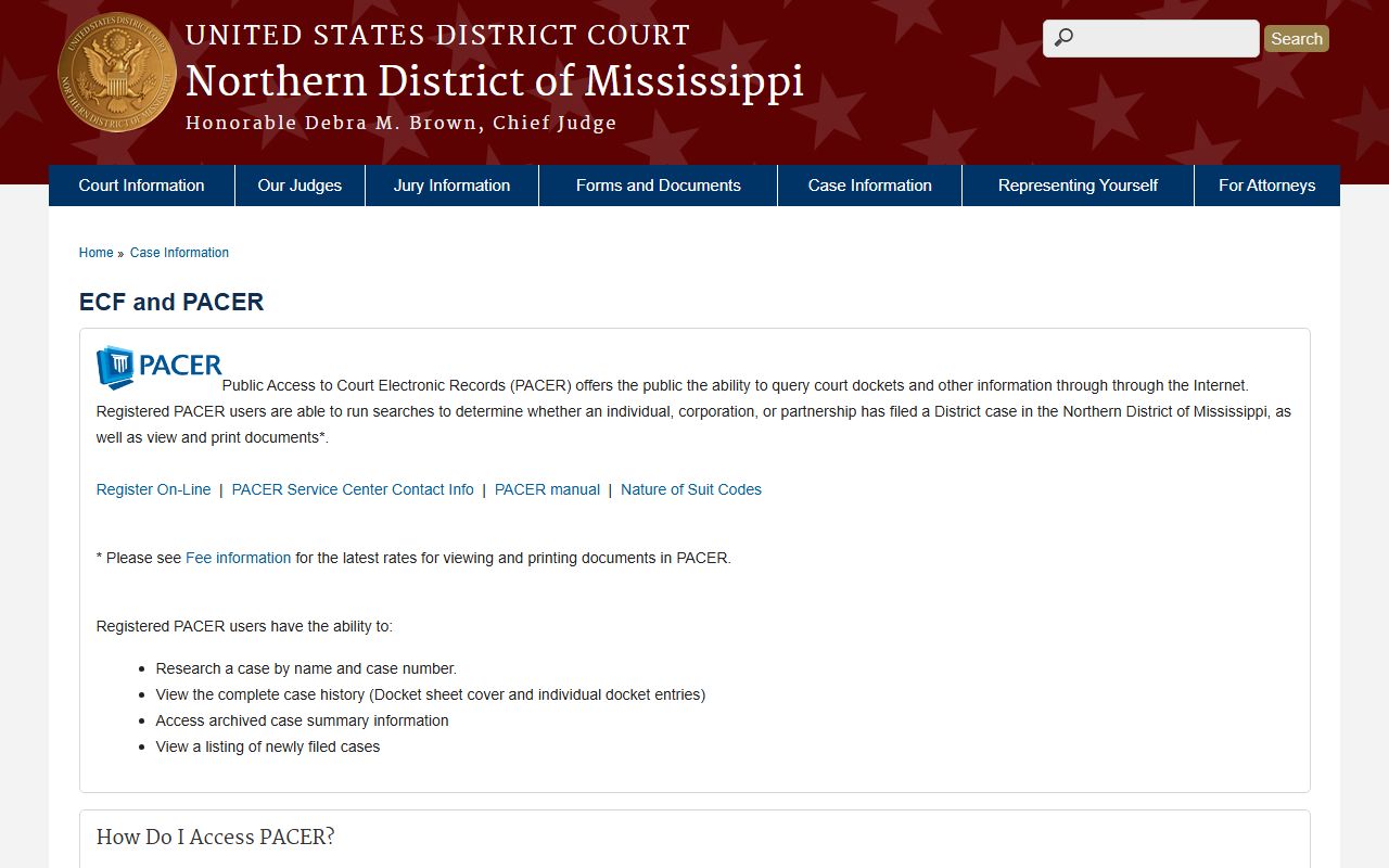 Sunflower County federal court records ECF and PACER page for the Northern District of Mississippi