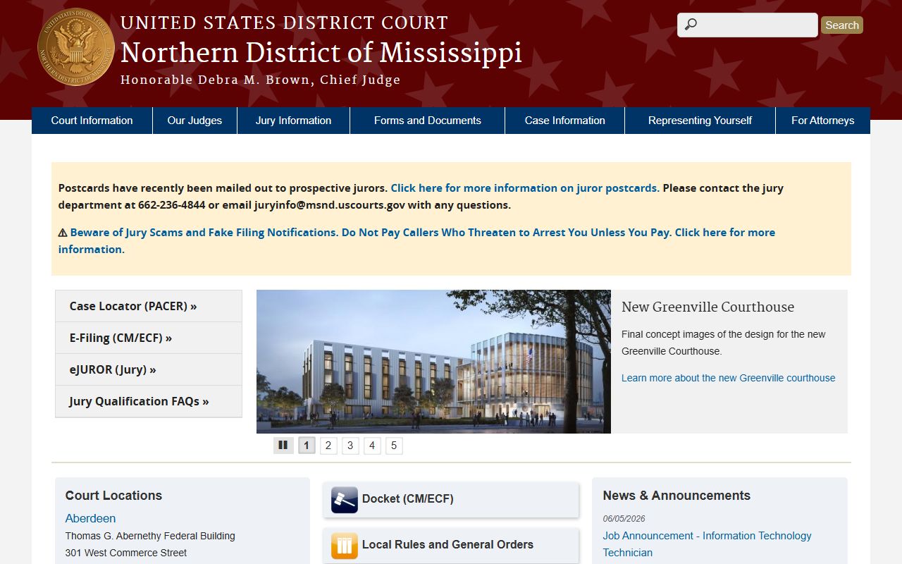 Sunflower County federal court records, Northern District of Mississippi homepage