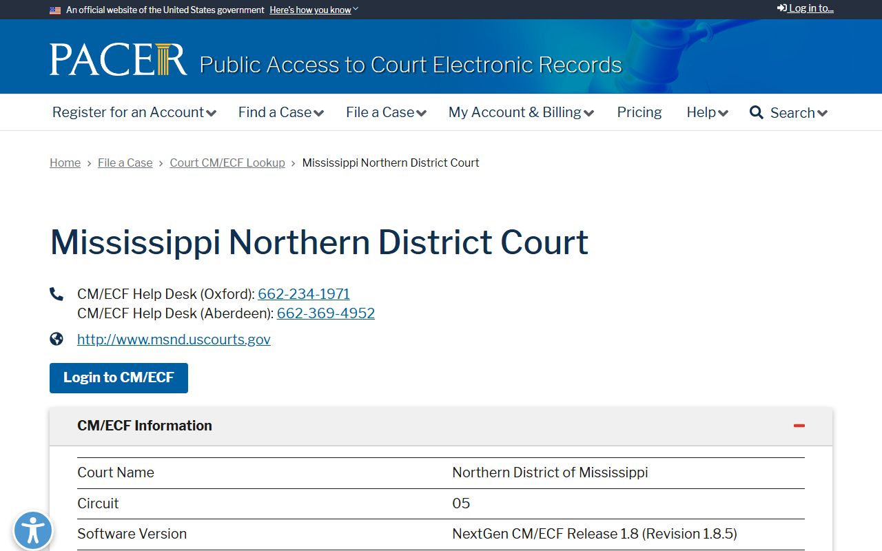 Sunflower County federal court records PACER lookup for the Mississippi Northern District