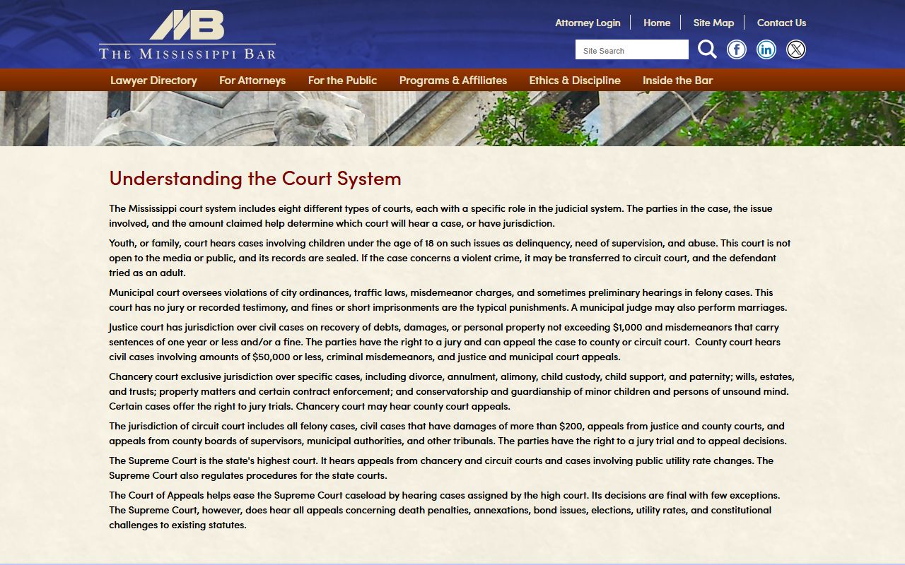 Mississippi Bar explainer of Sunflower County court jurisdictions