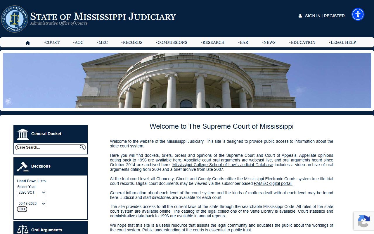 Mississippi Judiciary homepage linking Sunflower County court levels