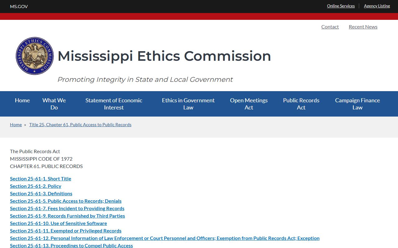 Mississippi Public Records Act overview for Sunflower County court records