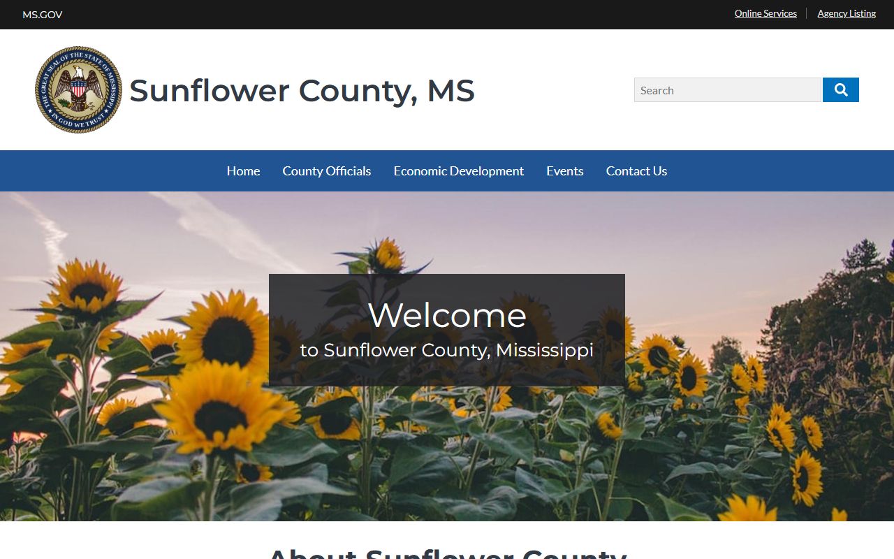 Official Sunflower County homepage with courthouse and county navigation