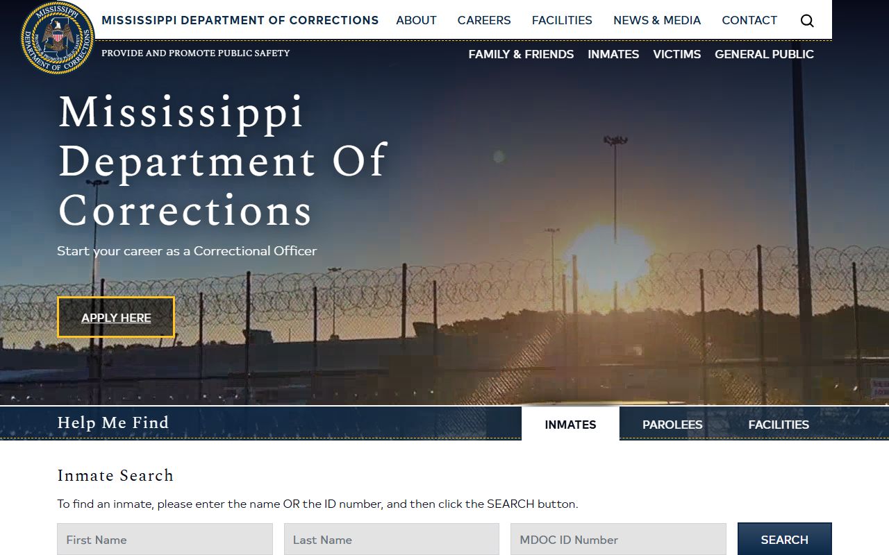 Sunflower County inmate records lookup through the MDOC inmate search entry
