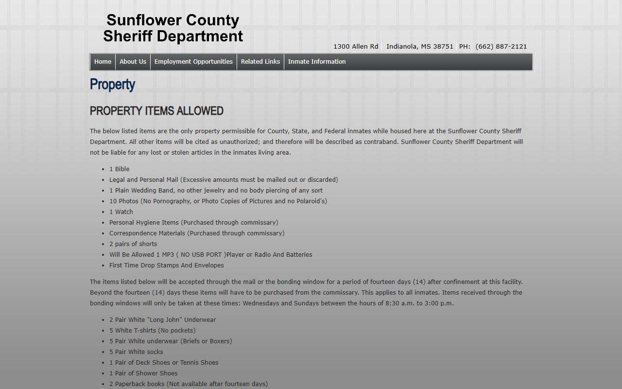 Sunflower County inmate property and contraband rules from the Sheriff Department