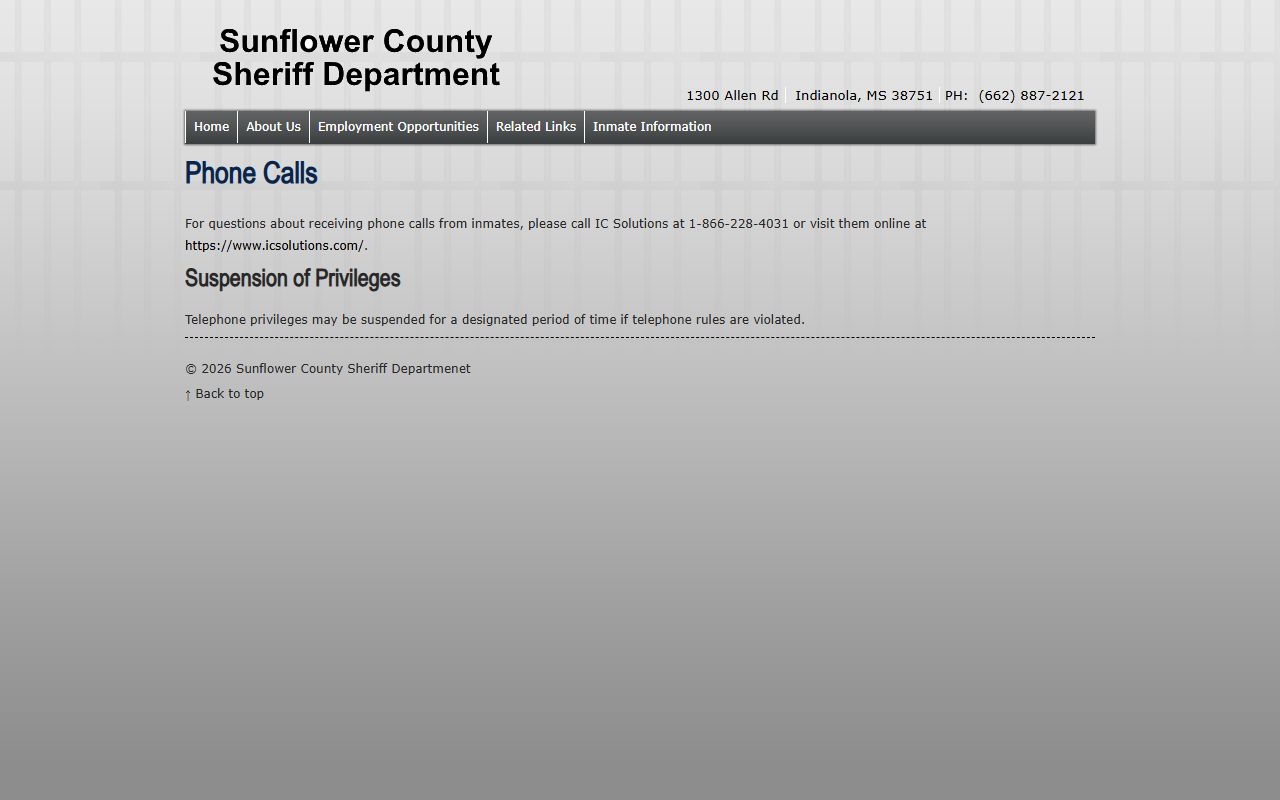 Sunflower County inmate phone-call instructions and IC Solutions contact