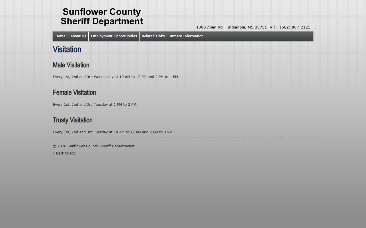 Sunflower County inmate visitation schedule from the Sheriff Department