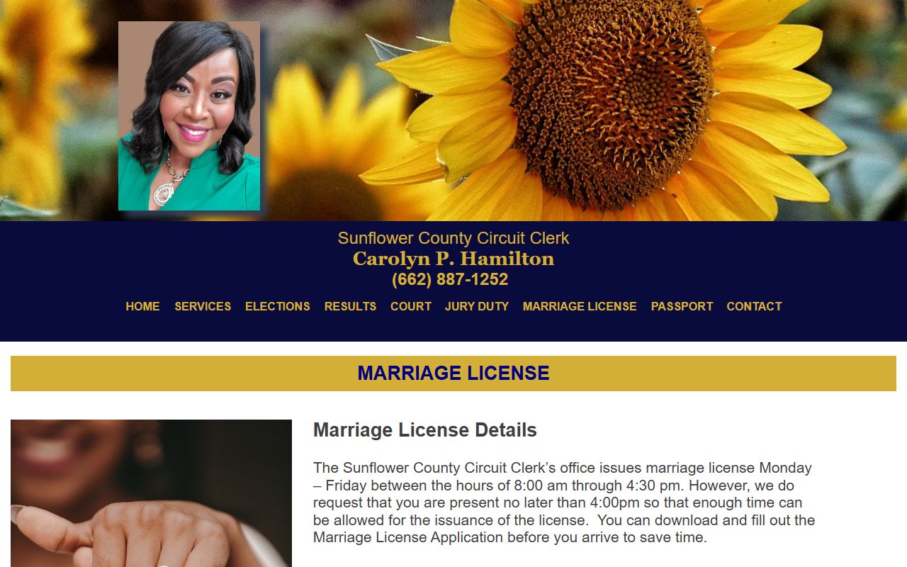 Sunflower County marriage license page from the Circuit Clerk
