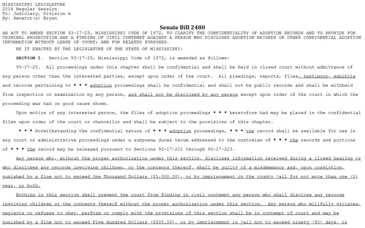 Mississippi adoption confidentiality statute affecting Sunflower County records