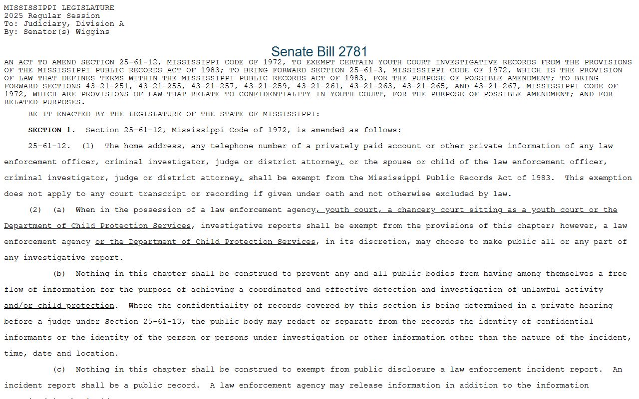 Sunflower County probate records juvenile law-enforcement records statute text