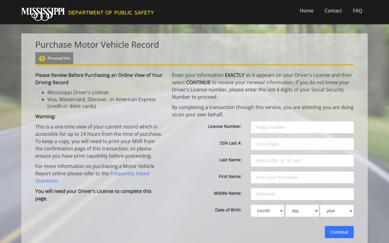 Sunflower County driver record purchase through the Mississippi DPS motor vehicle record portal