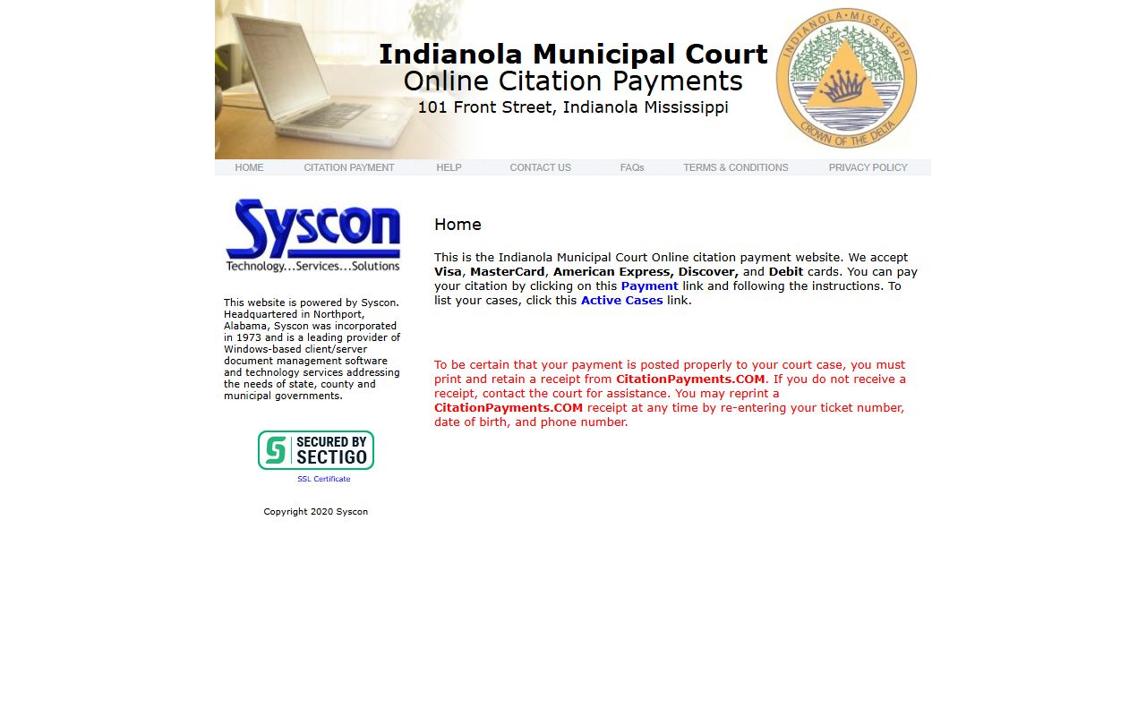 Sunflower County traffic citation payment portal for Indianola Municipal Court