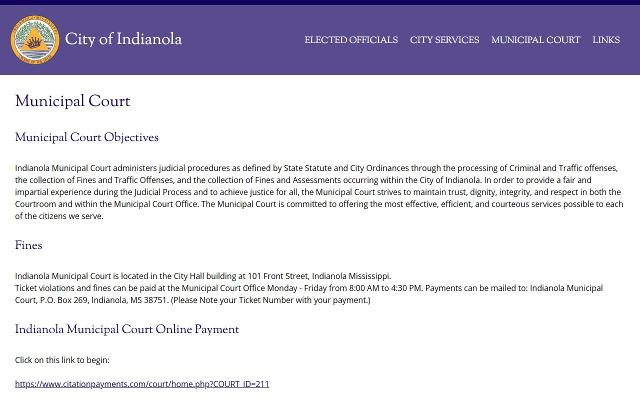 Sunflower County traffic court records page for Indianola Municipal Court