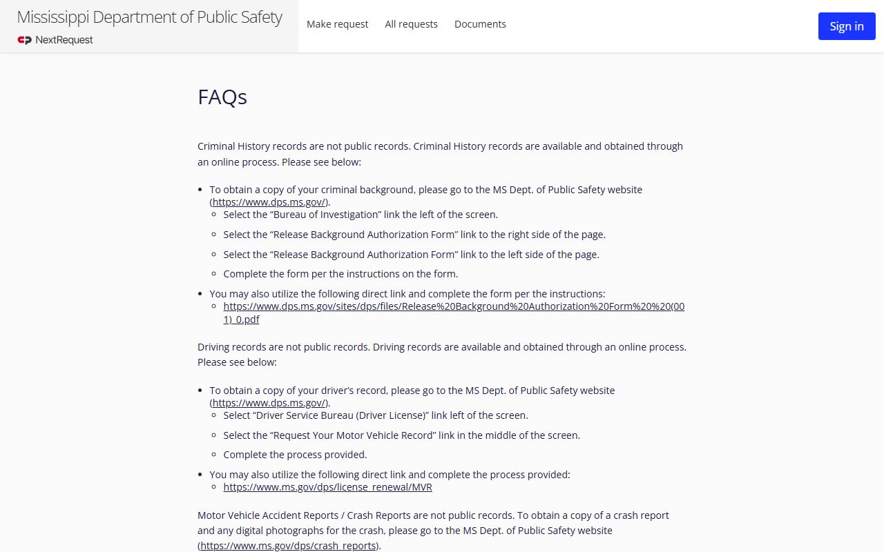 Sunflower County traffic records guidance on the Mississippi DPS public-records FAQ