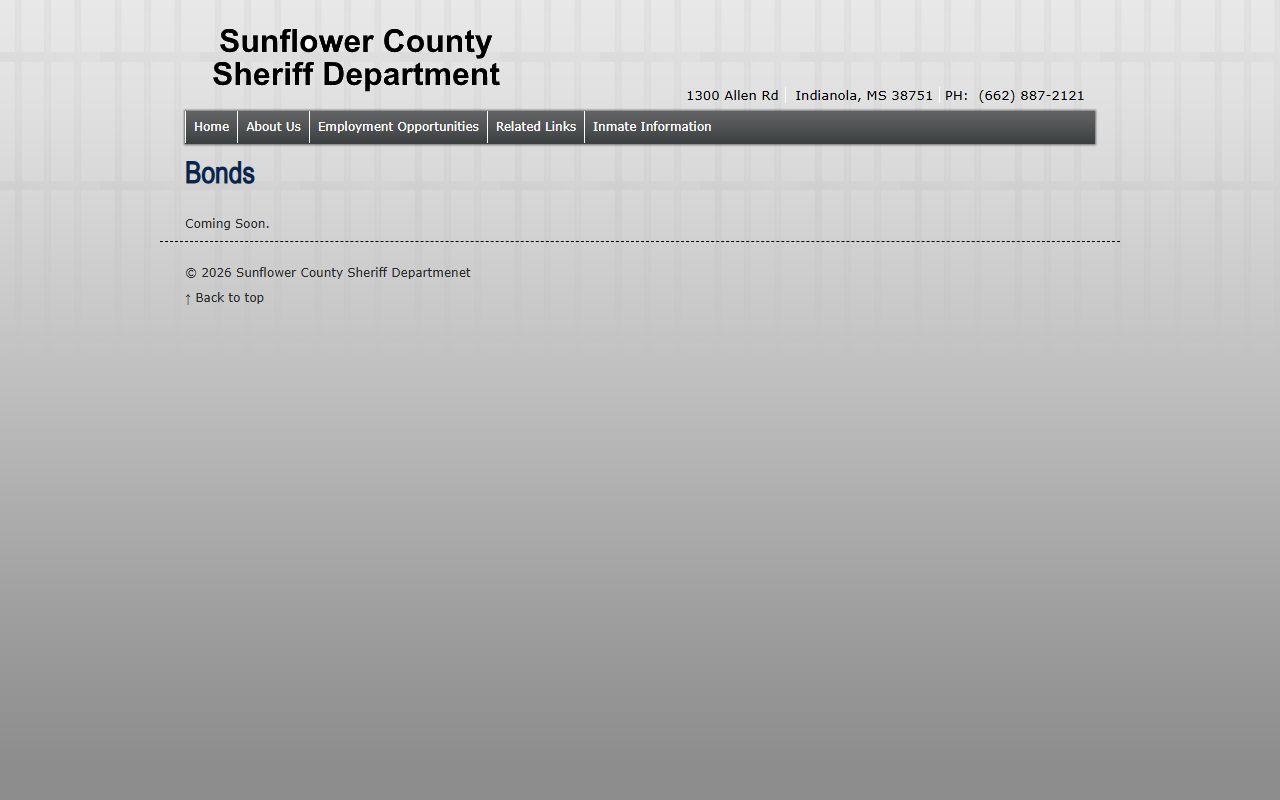 Sunflower County Sheriff bonds page for warrant and custody bond information