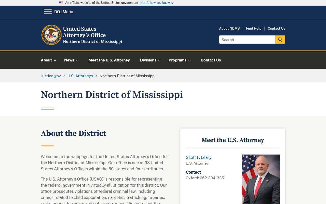 U.S. Attorney Northern District of Mississippi page for federal Sunflower County warrant context